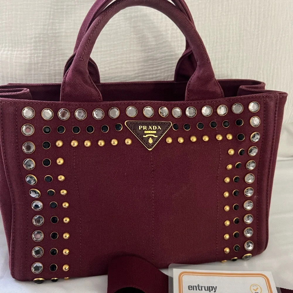 Prada Burgundy Studded Women's Bag - Picture 2 of 13